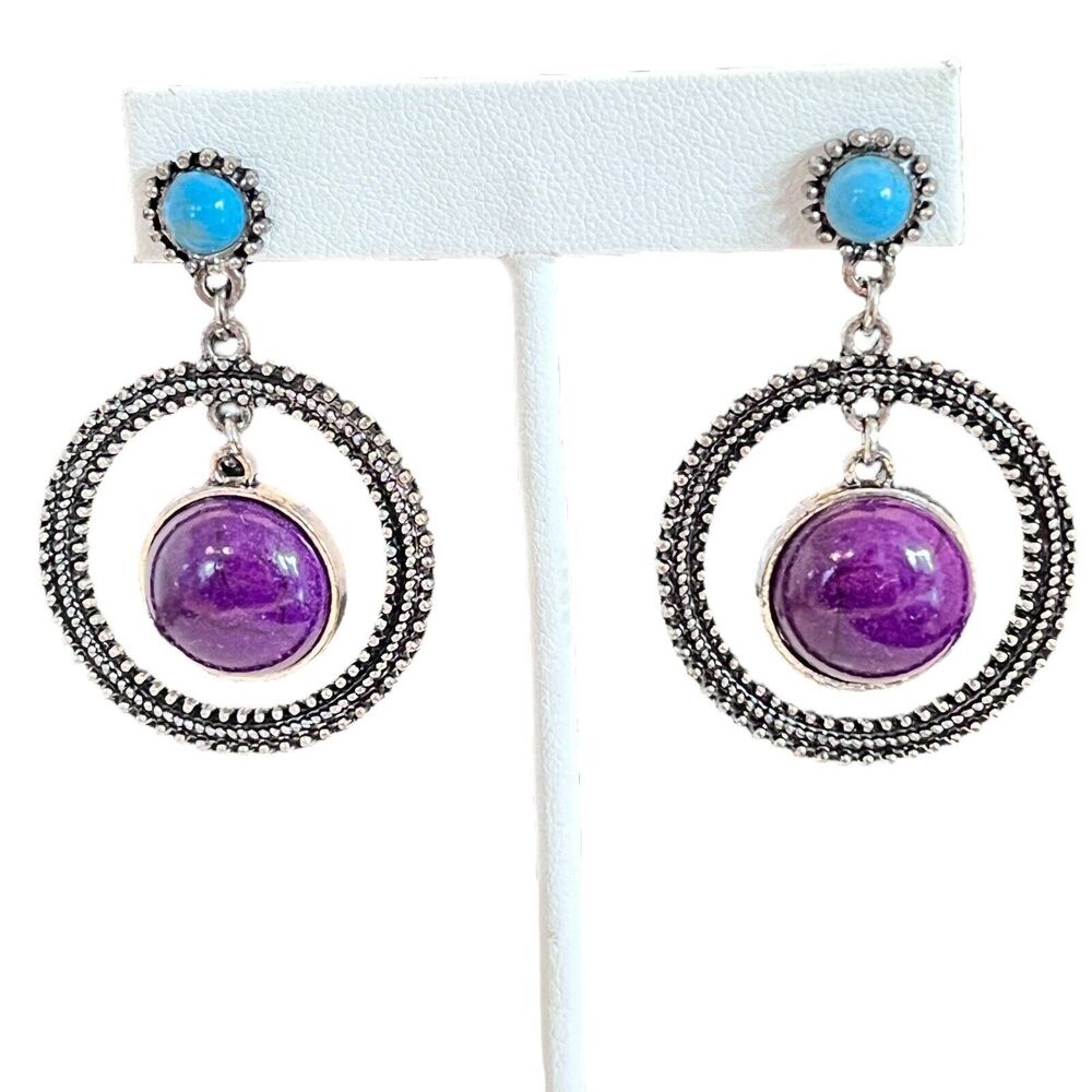 New Statement Earrings Antique Silver Tone Semi Precious Purple Stone Hoops -12N